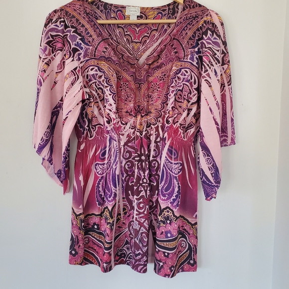 Starialle Tops - STARIALLE Sz S 3/4 Bell Sleeve Tunic Top Pink Purple V Neck Fairy Boho Hippie